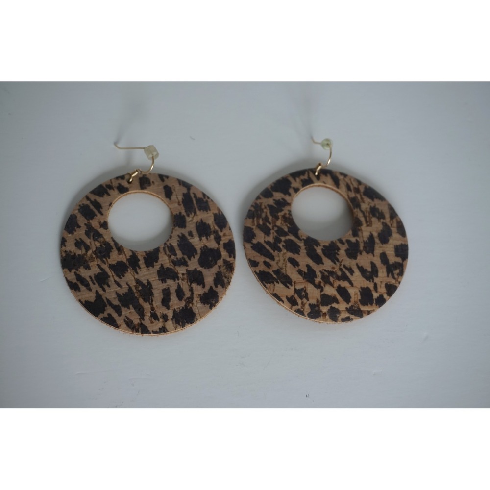 Leopard Print Leather Disc Earrings Gold Tone French Wire Boho Cutout Brown